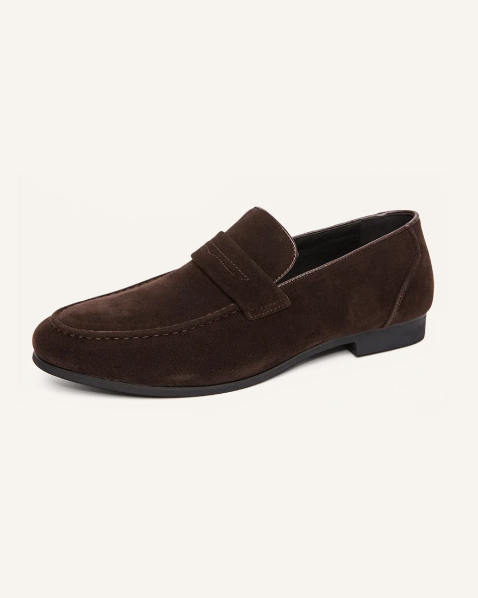 St. Martin Co Tan Suede Penny Loafer Flat Sole — detail view
