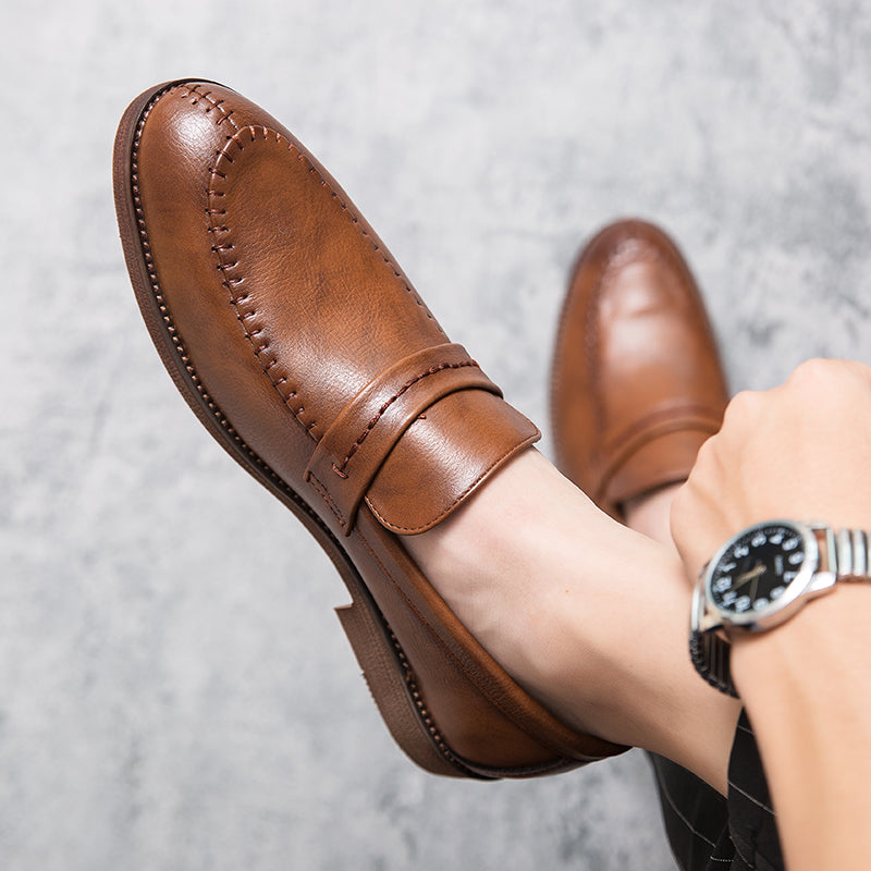 St. Martin Co Tan Moccasin-Stitch Penny Loafer — detail view