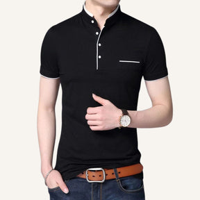 St. Martin Co Navy Mandarin Collar Short-Sleeve Polo — detail view