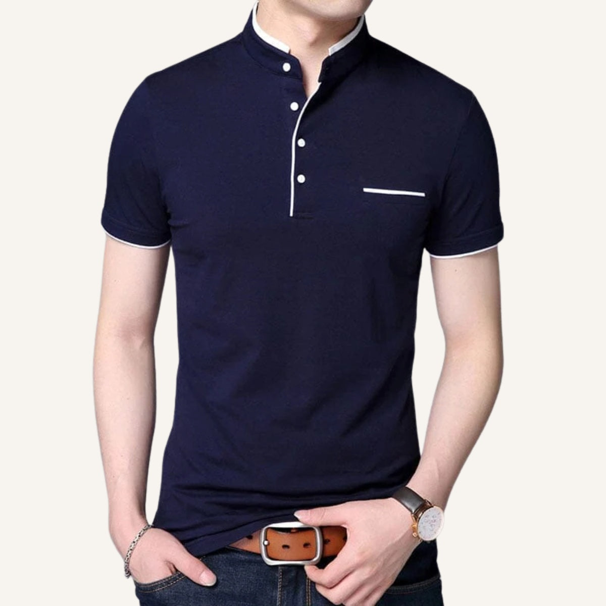 St. Martin Co Navy Mandarin Collar Short-Sleeve Polo — front view