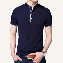St. Martin Co Navy Mandarin Collar Short-Sleeve Polo — front view