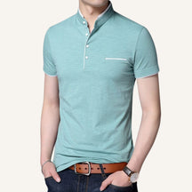 St. Martin Co Navy Mandarin Collar Short-Sleeve Polo — side view