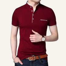St. Martin Co Navy Mandarin Collar Short-Sleeve Polo — back view