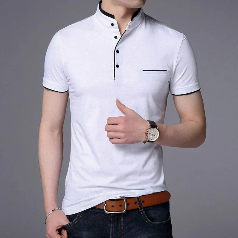 St. Martin Co Navy Mandarin Collar Short-Sleeve Polo — lifestyle view