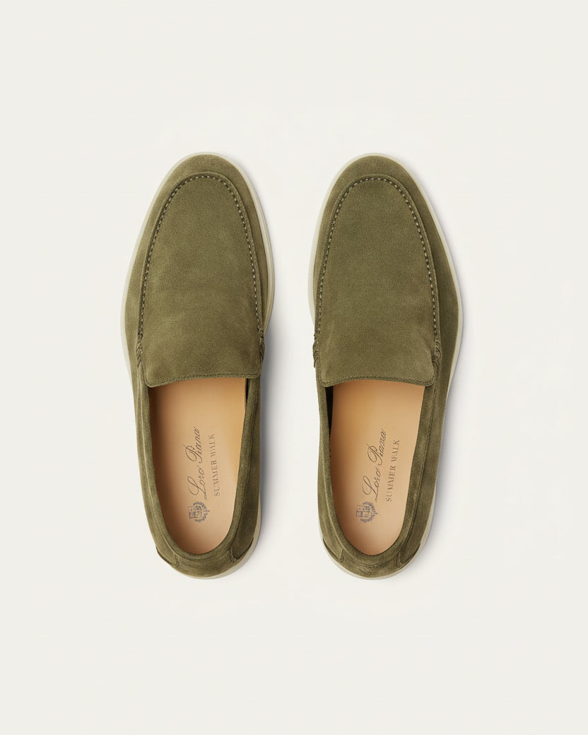 St. Martin Co Olive Suede Slip-On Loafer White Sole — detail view