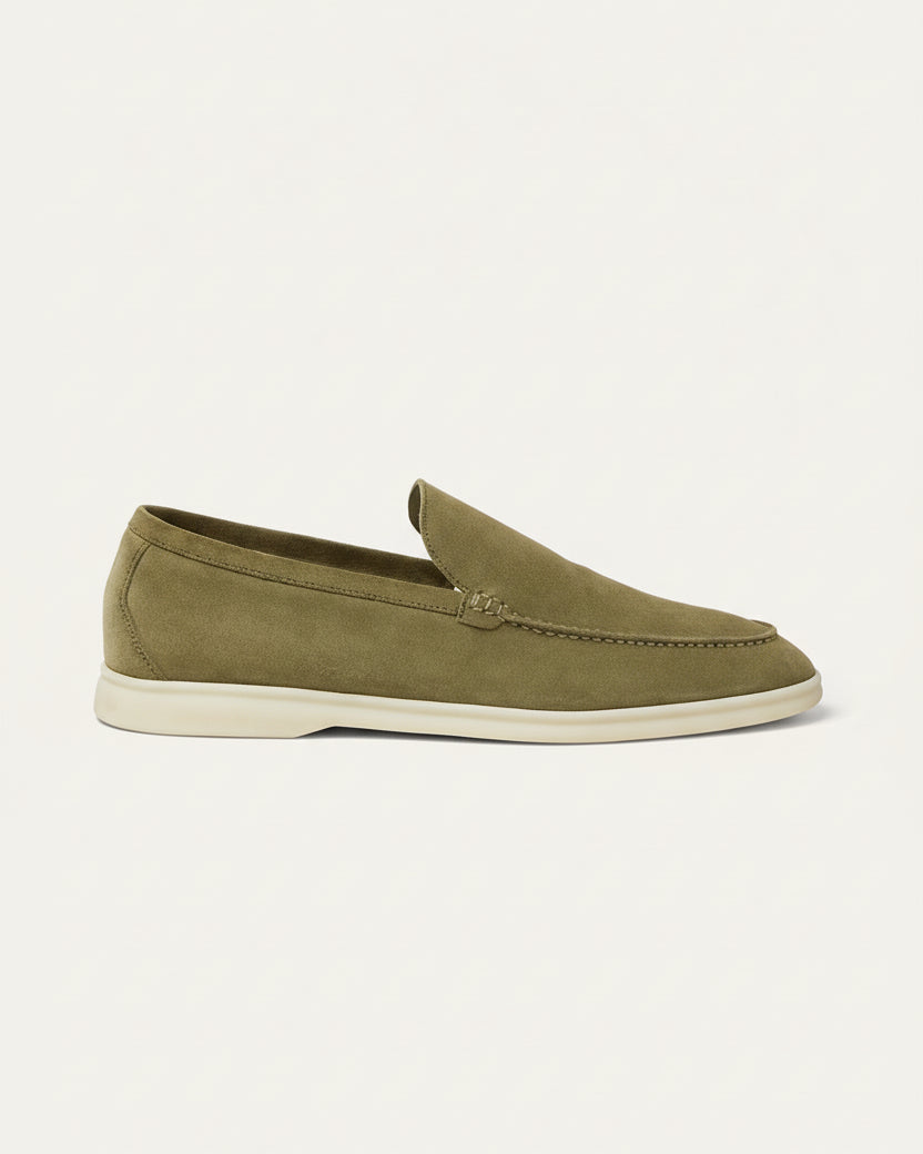 St. Martin Co Olive Suede Slip-On Loafer White Sole — detail view