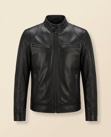 St. Martin Co Black Leather Cafe Racer Jacket — front view