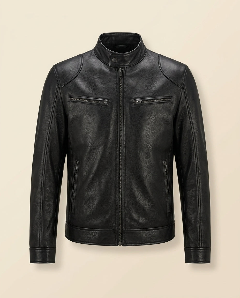 St. Martin Co Black Leather Cafe Racer Jacket — front view