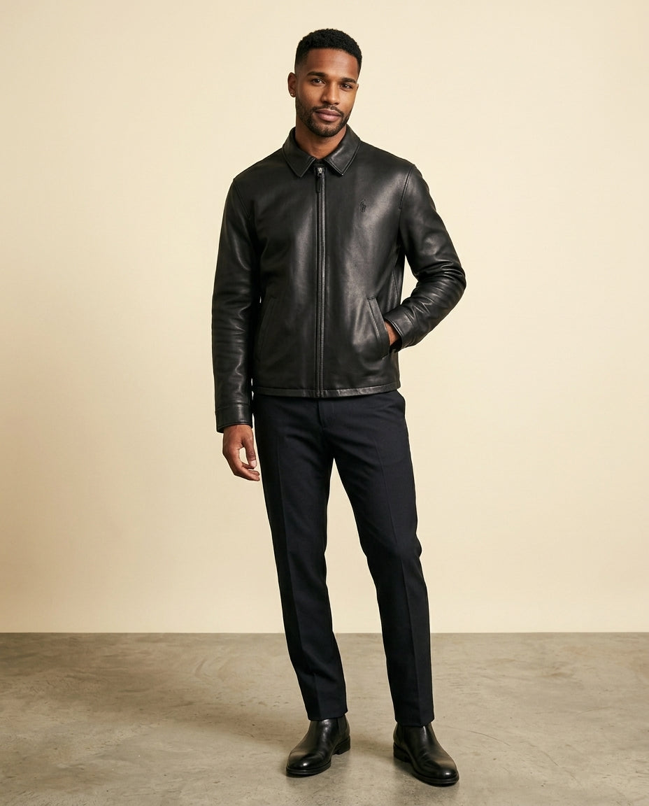 St. Martin Co RL Black Leather Zip-Front Blouson Jacket — detail view
