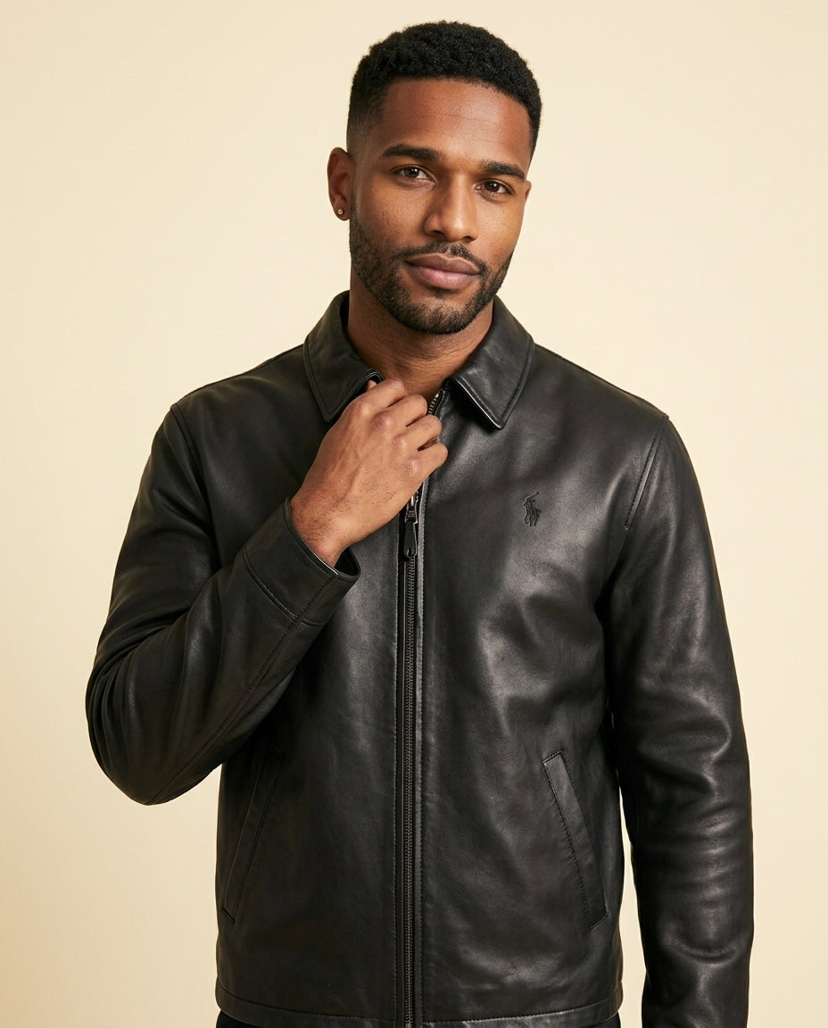St. Martin Co RL Black Leather Zip-Front Blouson Jacket — side view