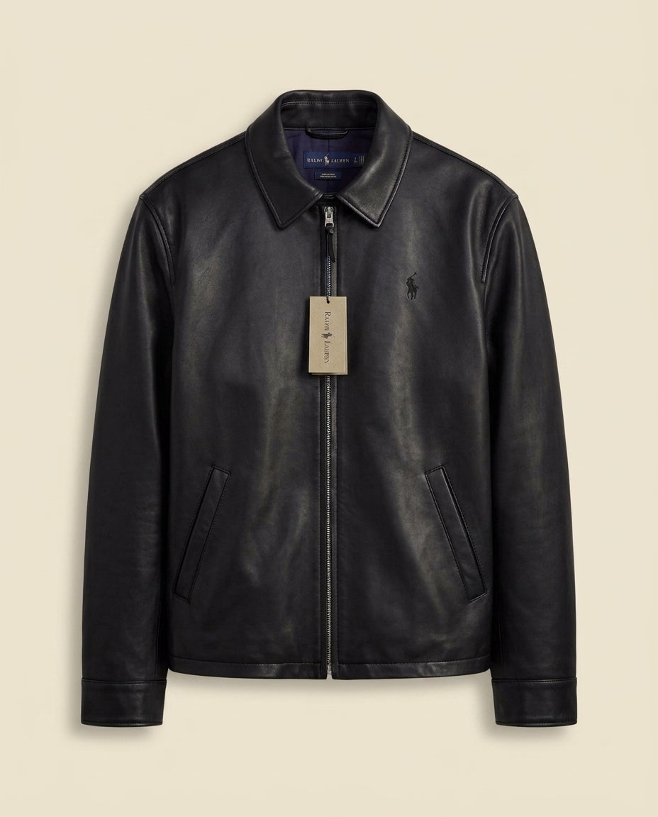 St. Martin Co RL Black Leather Zip-Front Blouson Jacket — front view