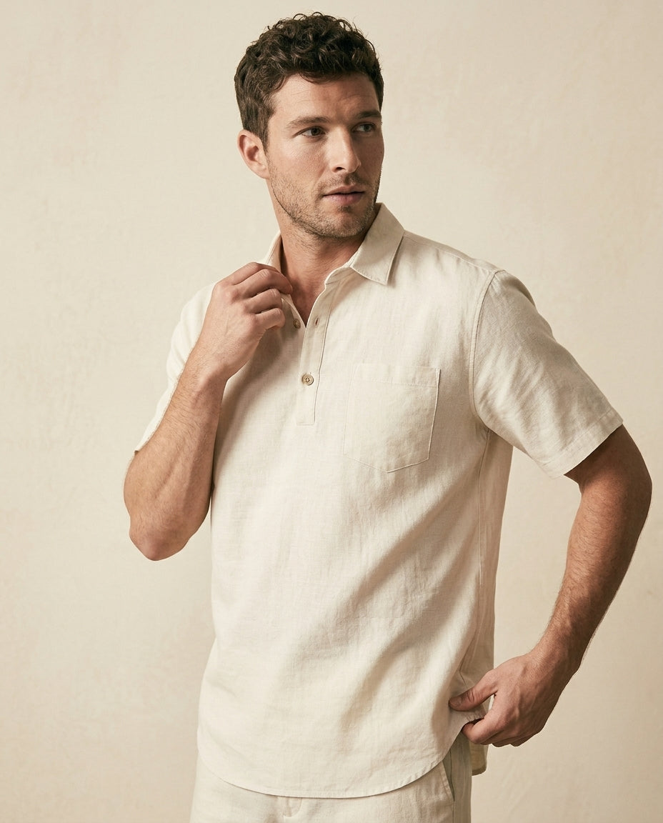 St. Martin Co CB Ecru Half-Placket Linen Popover Shirt — back view