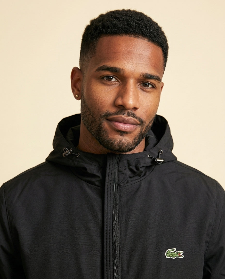 St. Martin Co LC Hooded Shell Windbreaker in Black — lifestyle view
