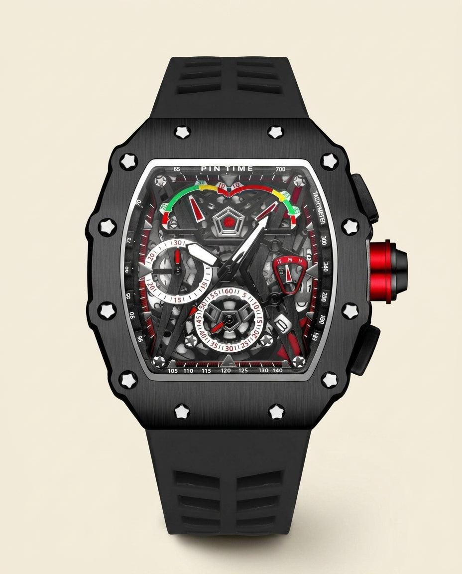 St. Martin Co PT Skeleton Dial Chronograph Black Watch — front view