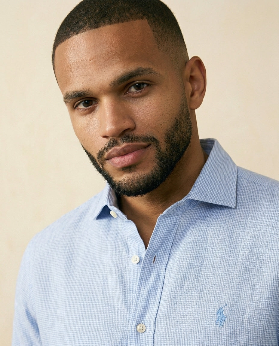 St. Martin Co RL Pale Blue Linen Cutaway Collar Shirt — lifestyle view