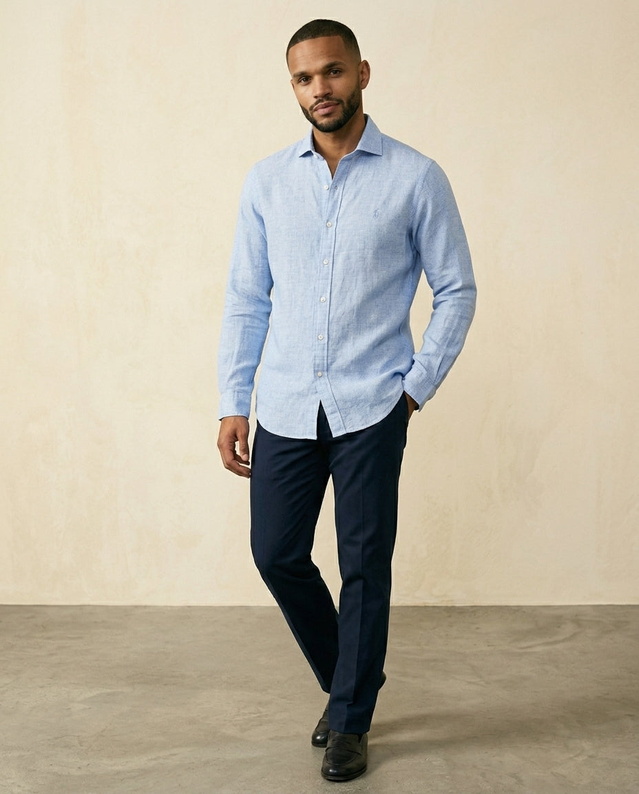 St. Martin Co RL Pale Blue Linen Cutaway Collar Shirt — detail view
