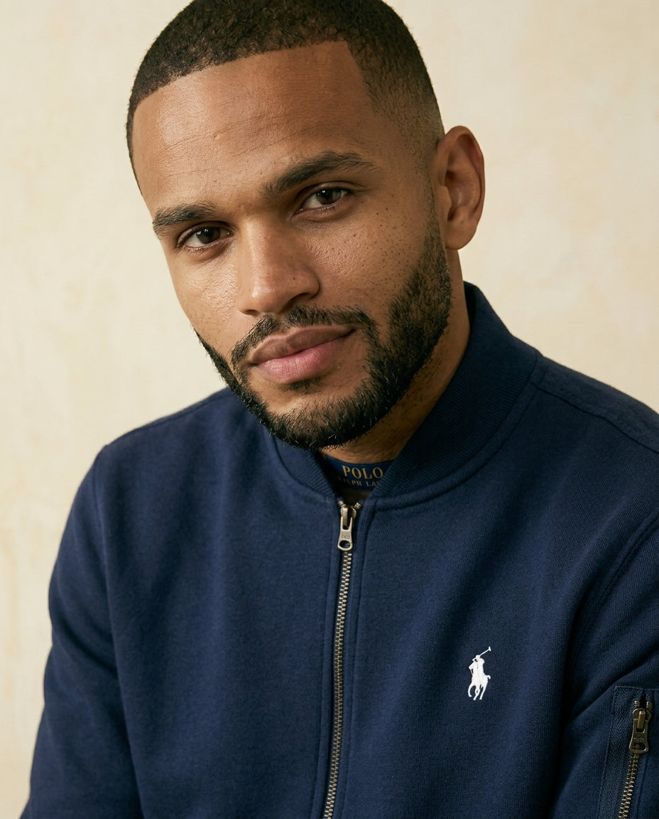 St. Martin Co RL Navy Piqué Bomber Full-Zip Jacket — side view