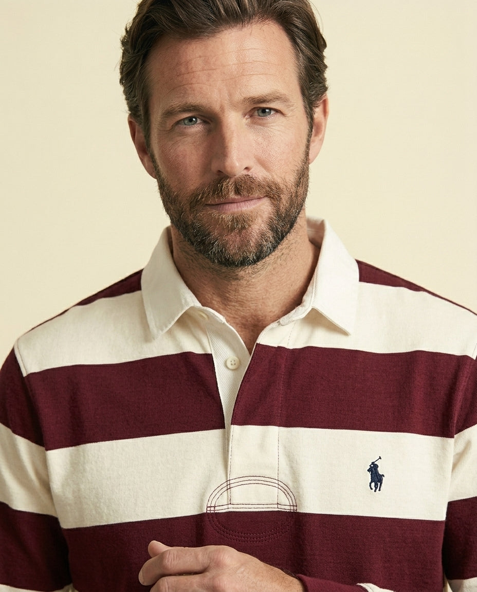 St. Martin Co RL Burgundy Block-Stripe Rugby Shirt — lifestyle view