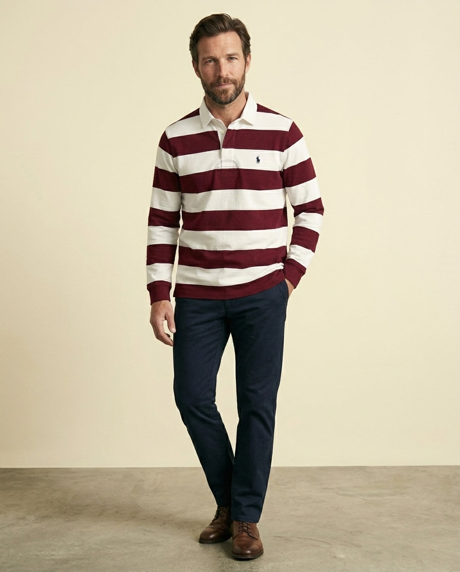 St. Martin Co RL Burgundy Block-Stripe Rugby Shirt — detail view