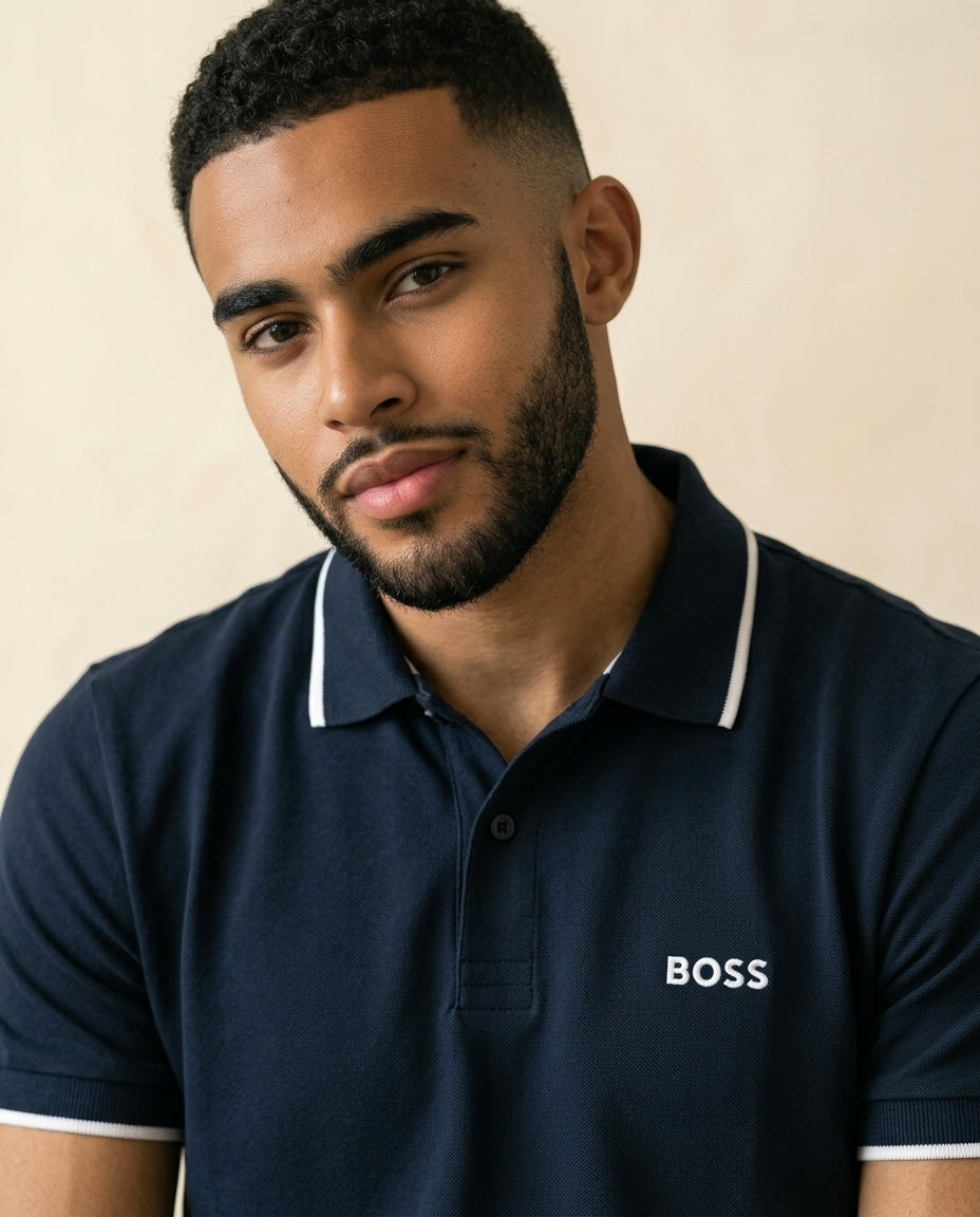 St. Martin Co BS Navy Tipped Piqué Polo Shirt — detail view