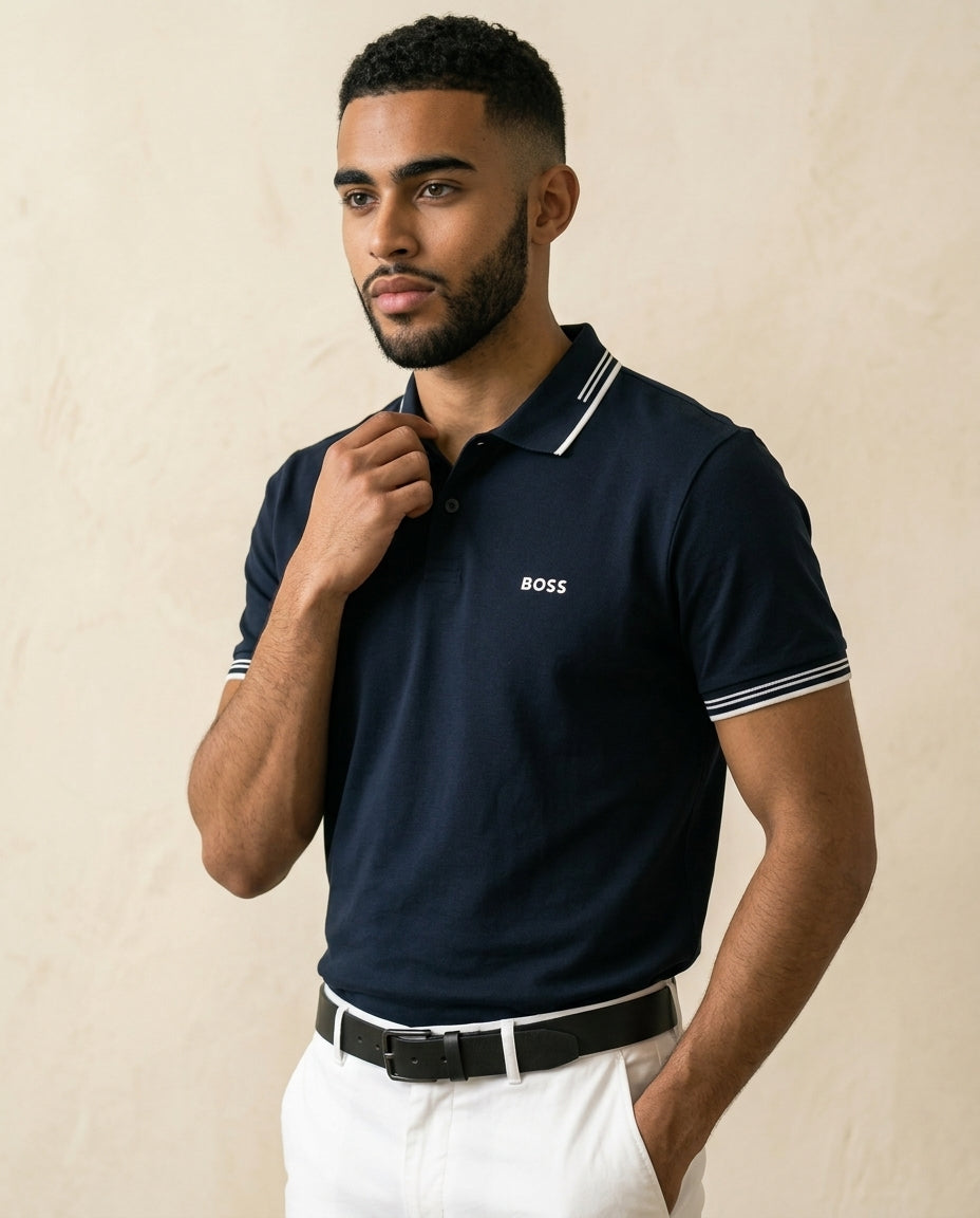 St. Martin Co BS Navy Tipped Piqué Polo Shirt — back view