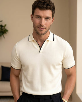 St. Martin Co Cream Tipped Open-Collar Knitted Polo — detail view