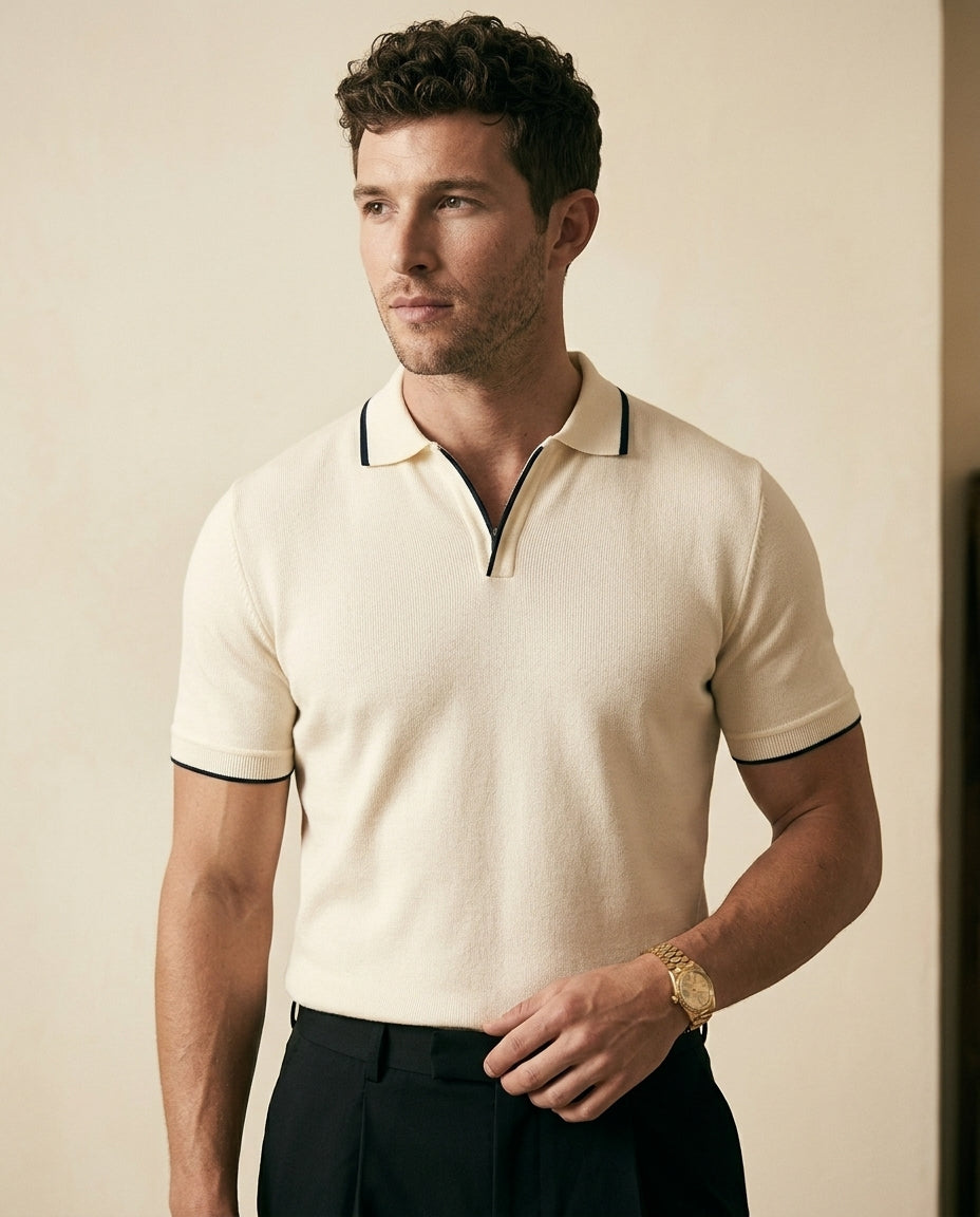 St. Martin Co Cream Tipped Open-Collar Knitted Polo — back view