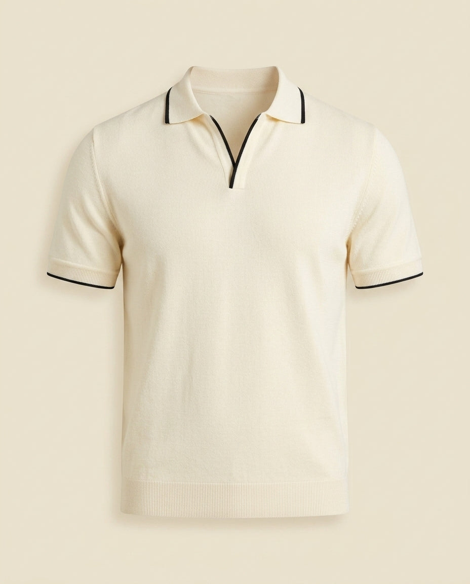 St. Martin Co Cream Tipped Open-Collar Knitted Polo — front view