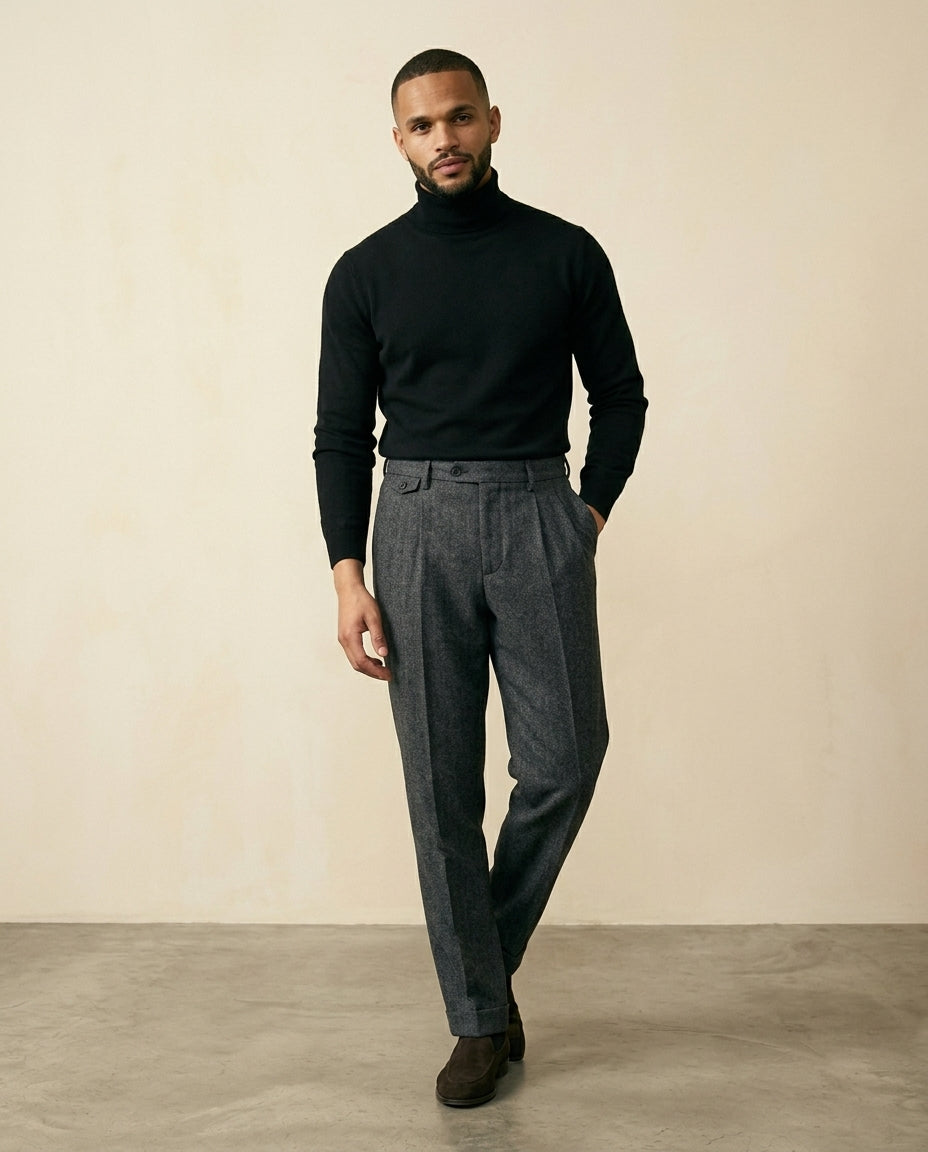 St. Martin Co Grey Herringbone Double-Pleat Wool Trousers — side view