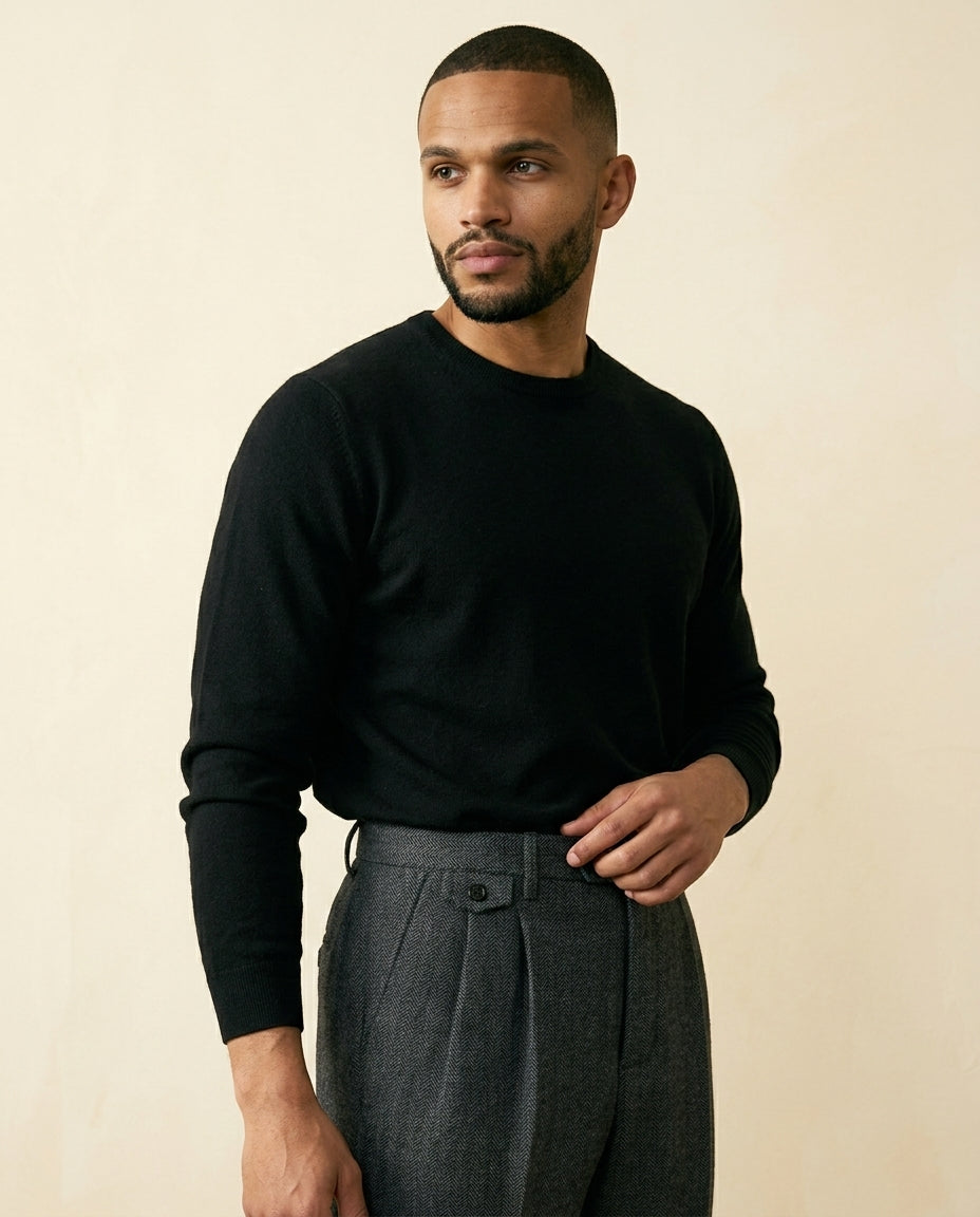 St. Martin Co Grey Herringbone Double-Pleat Wool Trousers — back view