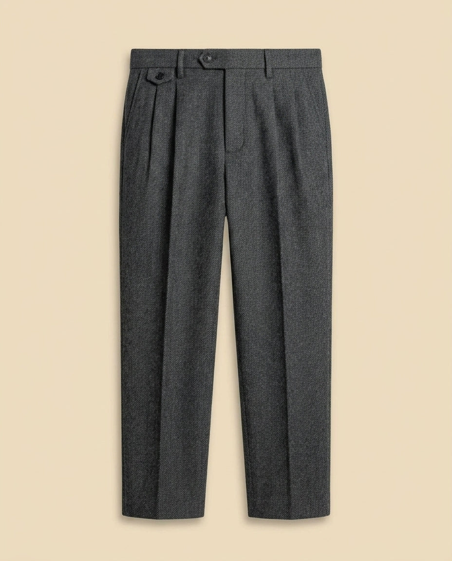 St. Martin Co Grey Herringbone Double-Pleat Wool Trousers — front view