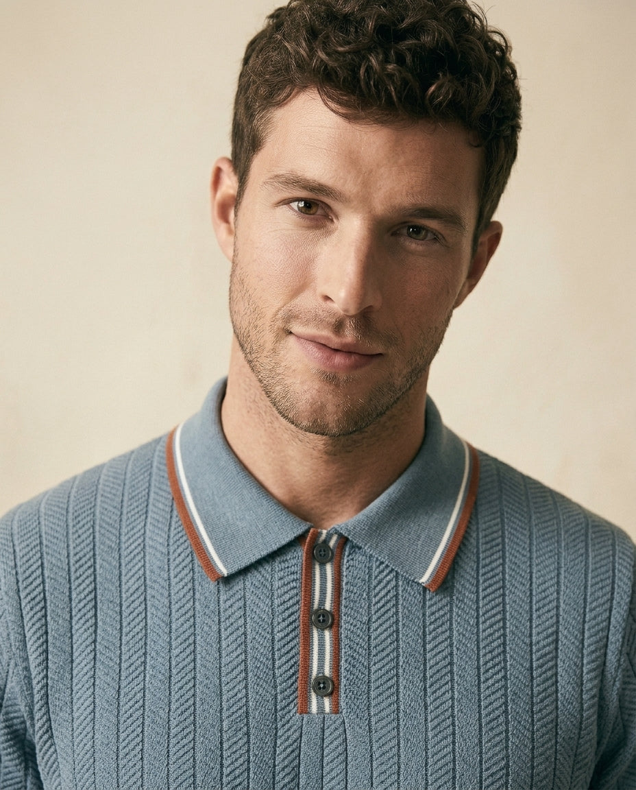 St. Martin Co Slate Blue Herringbone Knit Polo — detail view