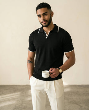 St. Martin Co Black Knit Polo Open Johnny Collar — side view