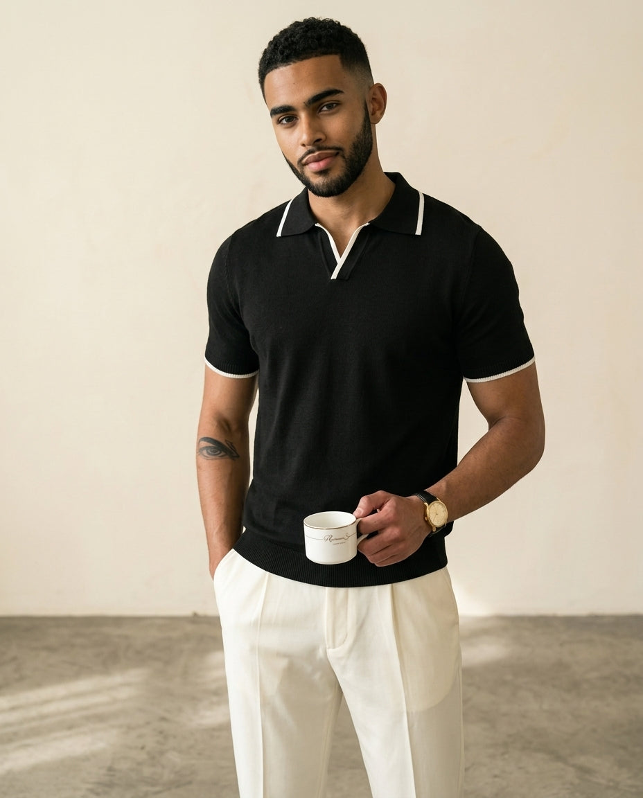 St. Martin Co Black Knit Polo Open Johnny Collar — side view