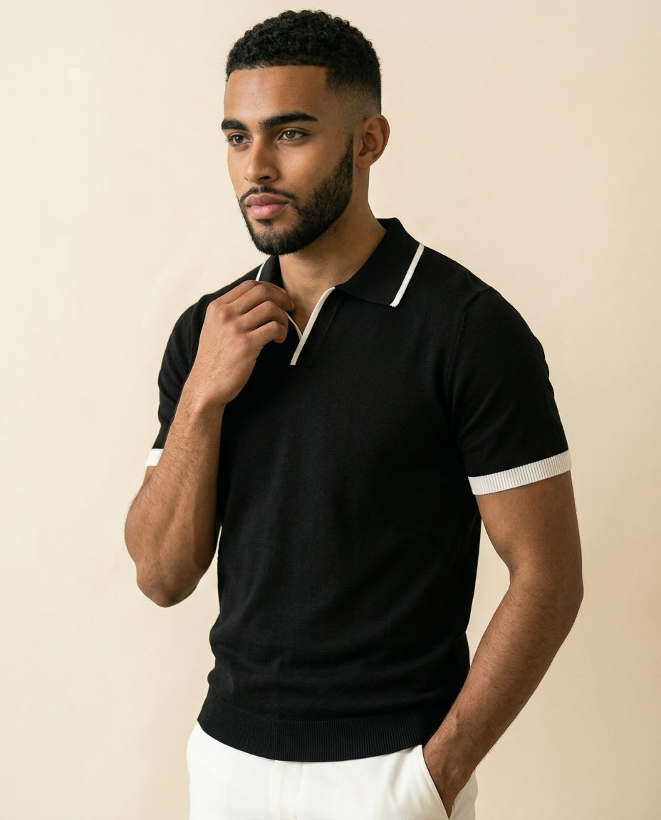 St. Martin Co Black Knit Polo Open Johnny Collar — back view