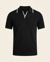 St. Martin Co Black Knit Polo Open Johnny Collar — front view