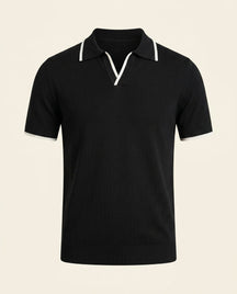 St. Martin Co Black Knit Polo Open Johnny Collar — front view