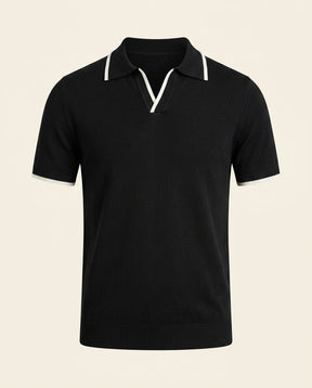 St. Martin Co Black Knit Polo Open Johnny Collar — front view