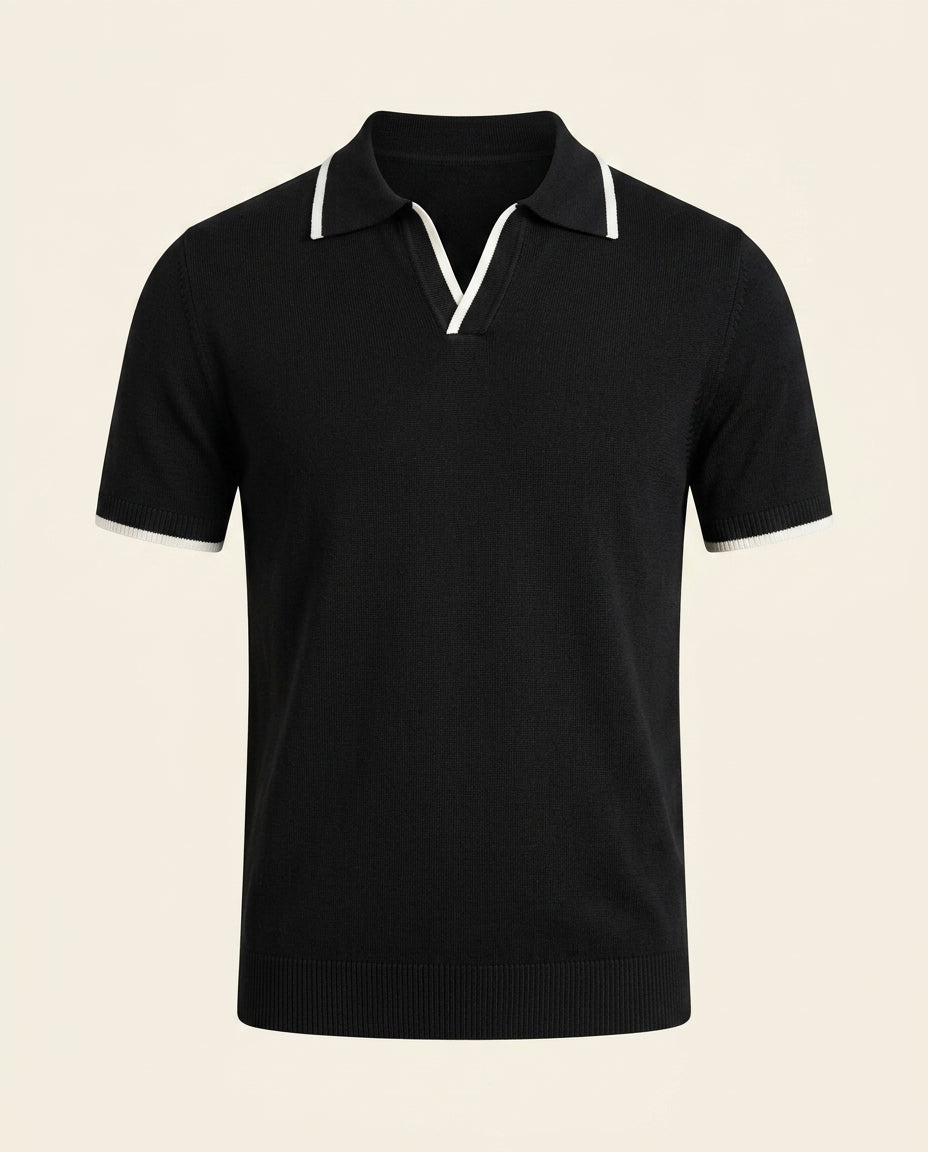 St. Martin Co Black Knit Polo Open Johnny Collar — front view