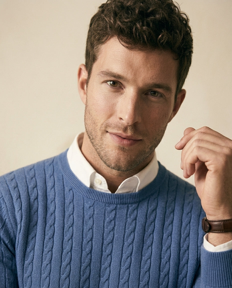 St. Martin Co Steel Blue Cable Crewneck Sweater — detail view