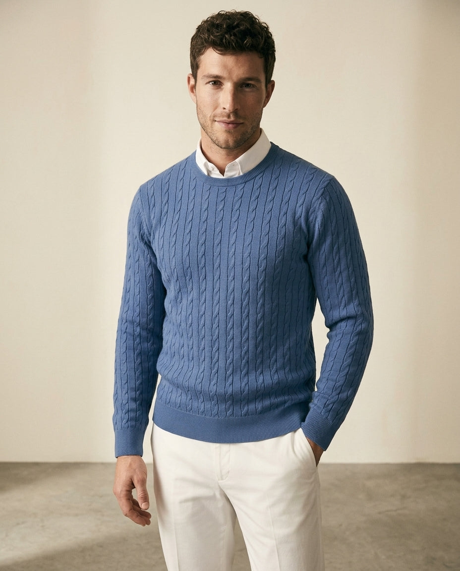 St. Martin Co Steel Blue Cable Crewneck Sweater — side view