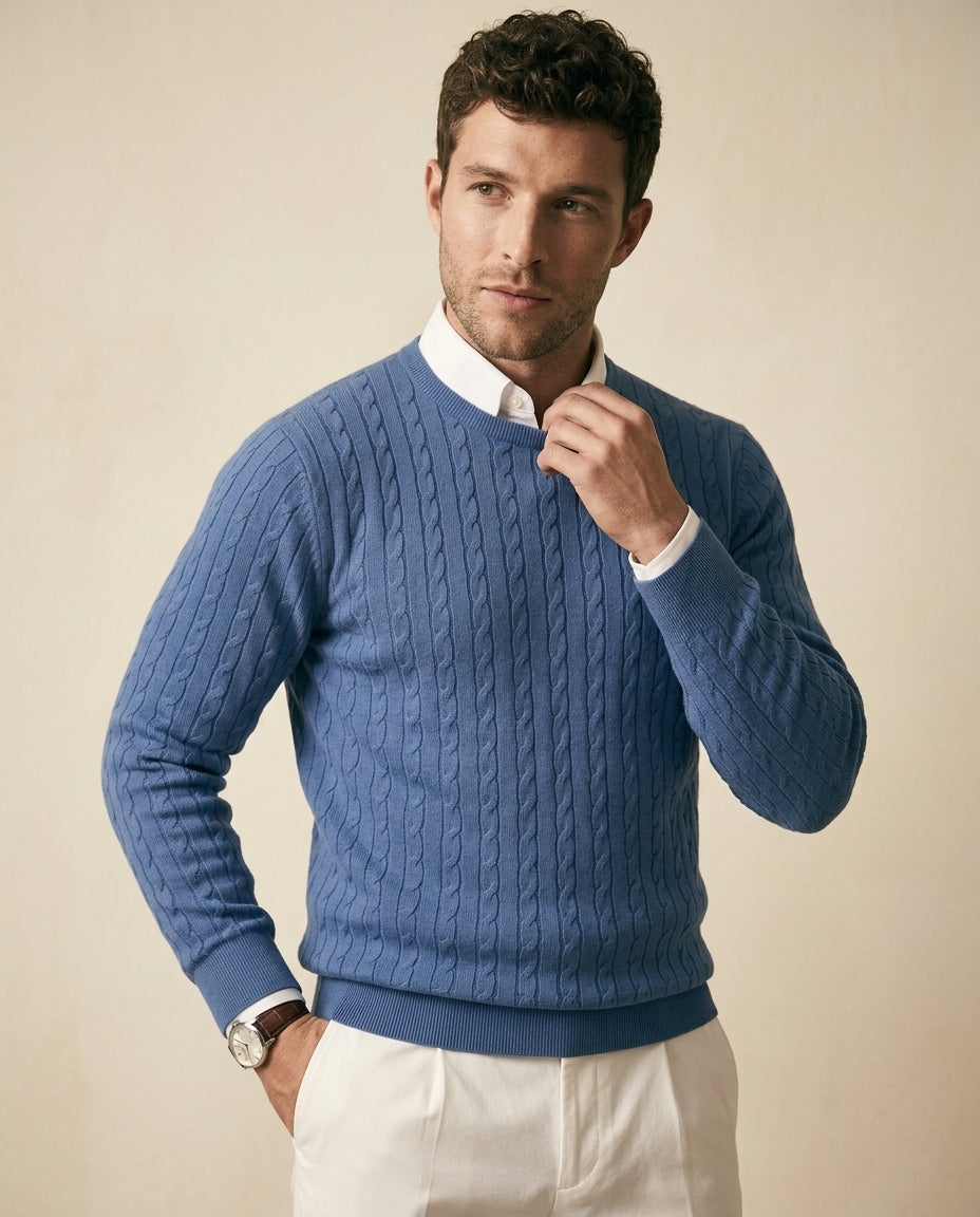 St. Martin Co Steel Blue Cable Crewneck Sweater — back view