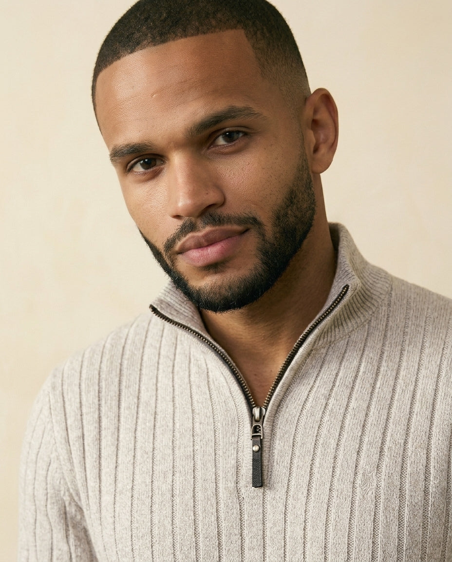 St. Martin Co Ribbed Quarter-Zip in Oat Marl — detail view