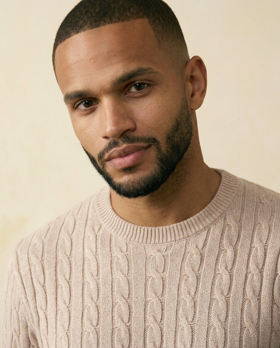 St. Martin Co Taupe Cable Crewneck in Soft Knit — detail view
