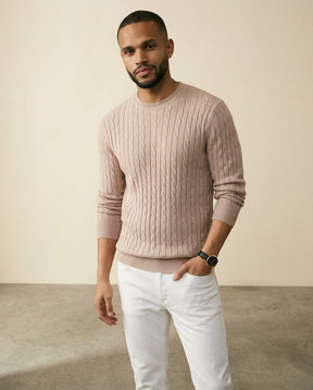 St. Martin Co Taupe Cable Crewneck in Soft Knit — side view