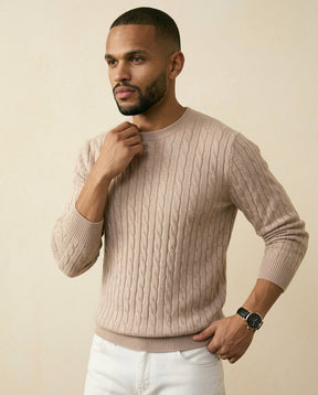 St. Martin Co Taupe Cable Crewneck in Soft Knit — back view