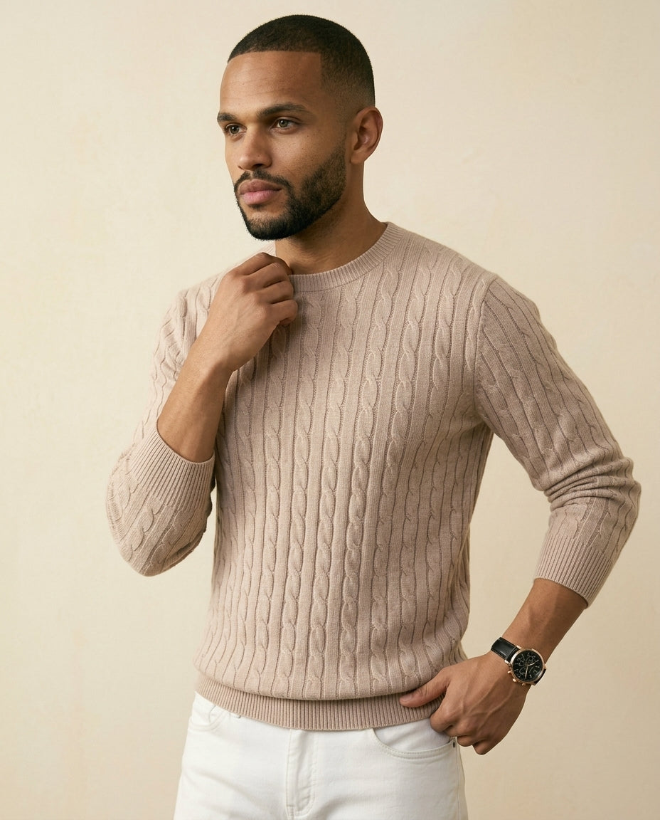 St. Martin Co Taupe Cable Crewneck in Soft Knit — back view
