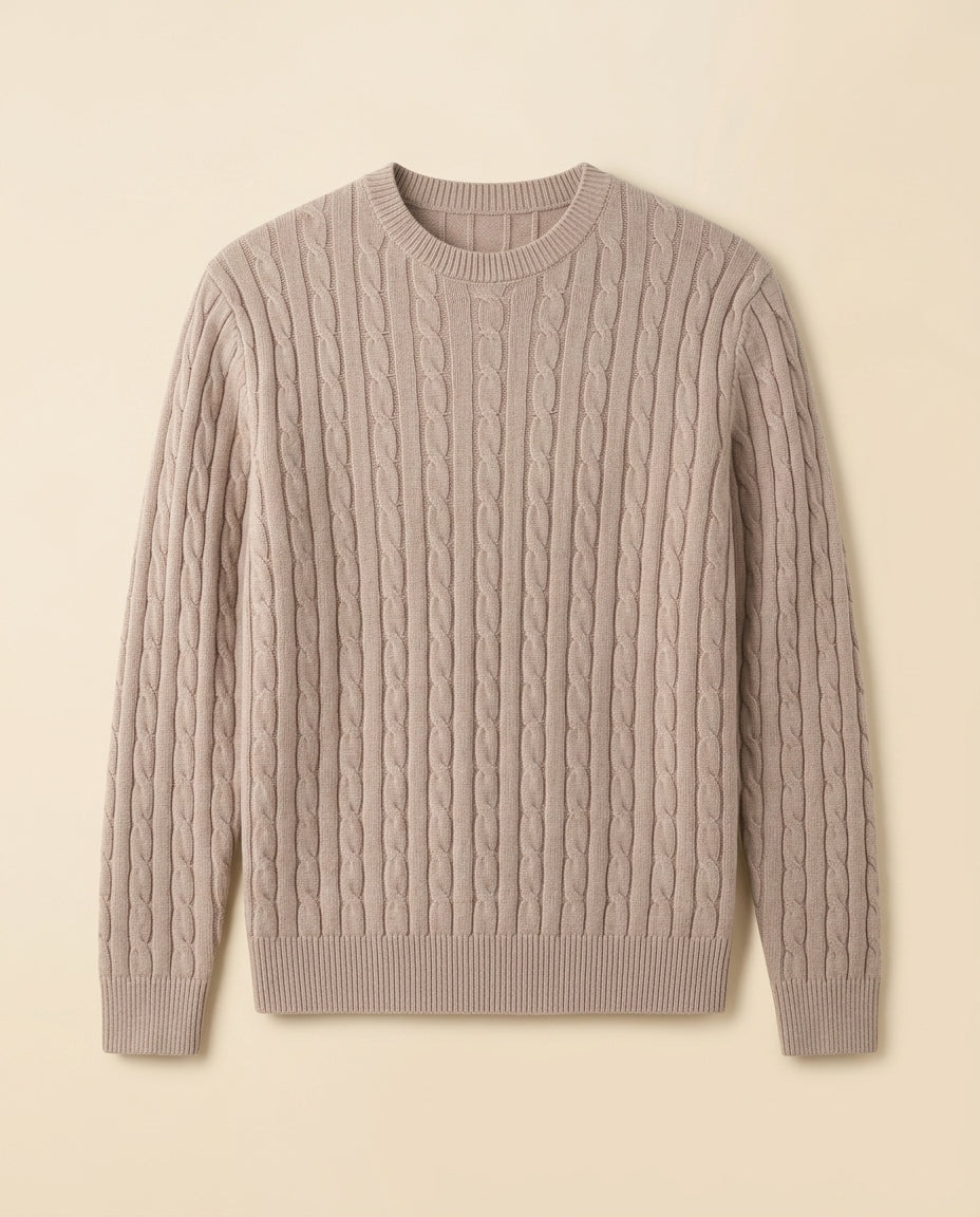 St. Martin Co Taupe Cable Crewneck in Soft Knit — front view