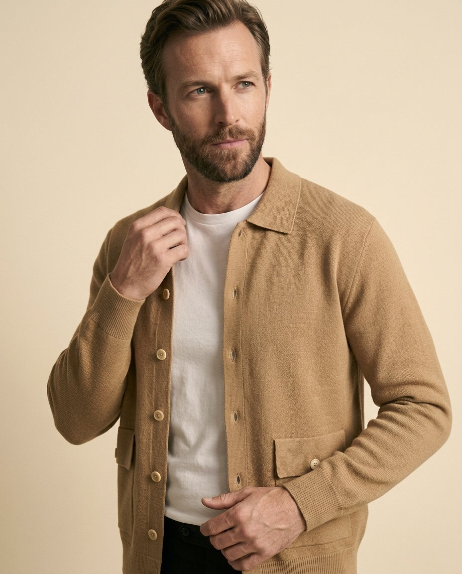 St. Martin Co Camel Collar Cardigan with Flap Pockets — back view
