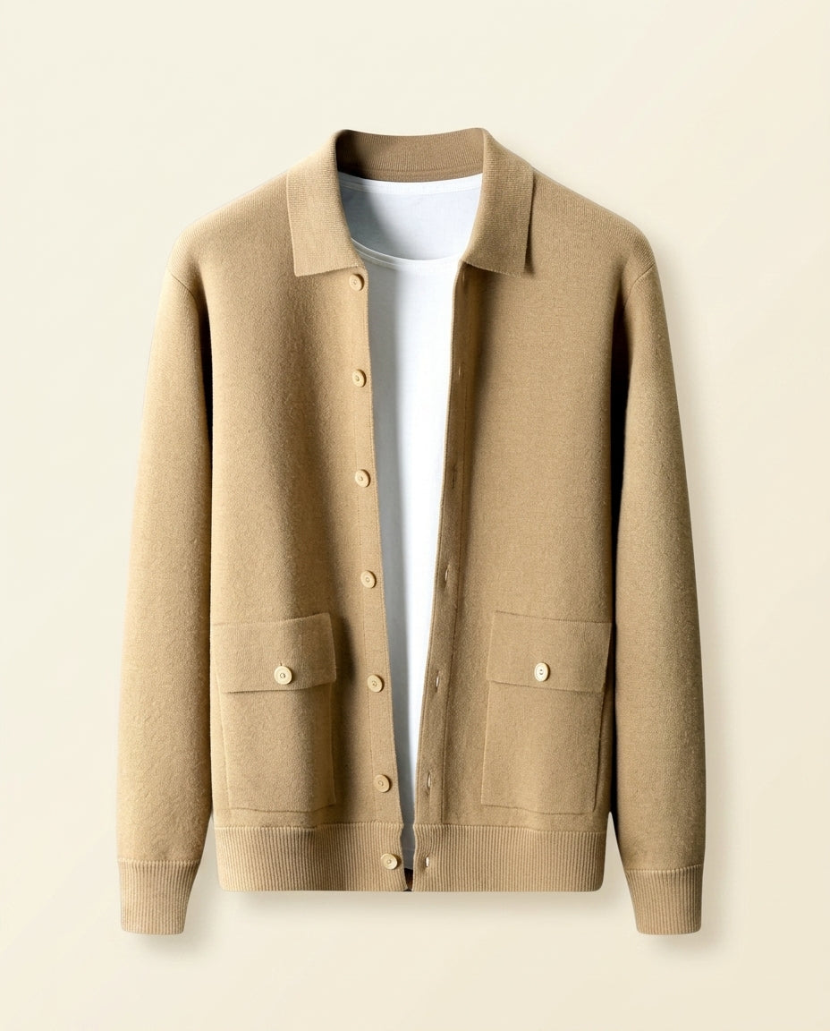 St. Martin Co Camel Collar Cardigan with Flap Pockets — front view